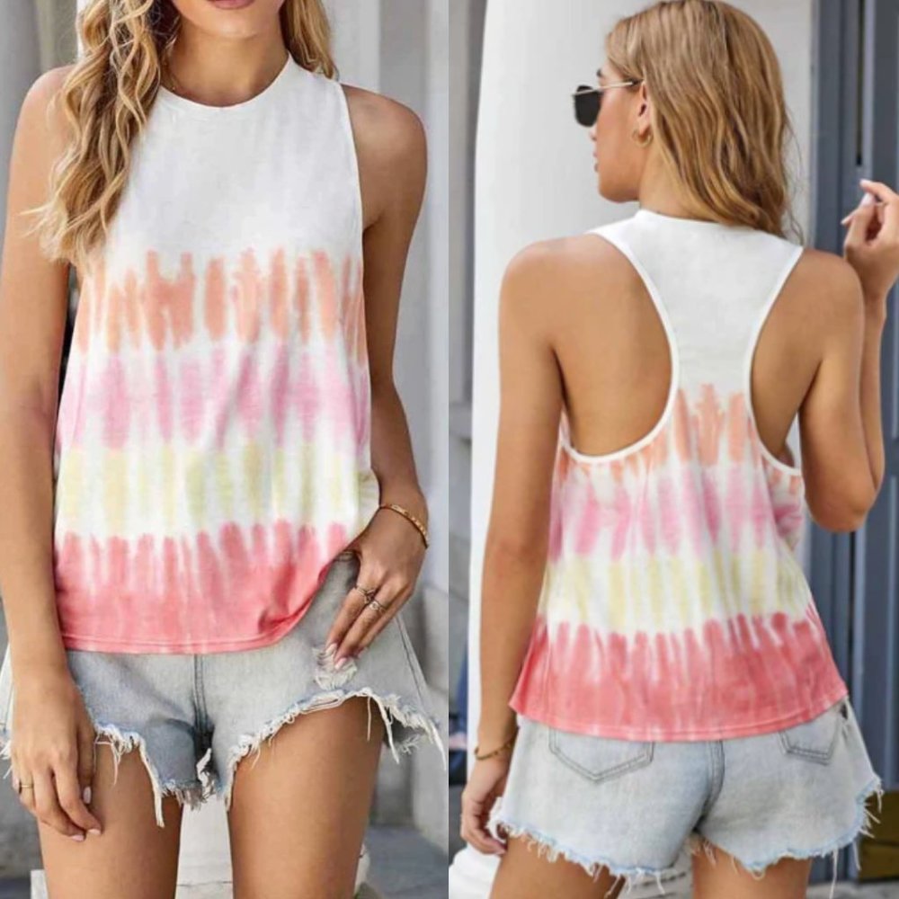 Tie Dye Tank Racer Back Light Weight Orange/Pink/White SZ LARGE - Picture 2 of 14